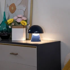 Lindby LED oplaadbare tafellamp Nevijo, blauw, Ø18cm, USB, dimmer