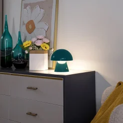 Lindby LED oplaadbare tafellamp Nevijo, petrol, Ø18cm, USB, dimmer