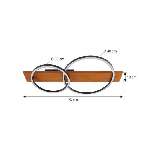 Lindby LED plafondlamp Galad, zwart, hout, 2-lamps, 75 cm