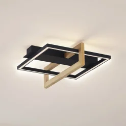 Lindby LED plafondlamp Holamu, 46cm, zwart, hout, metaal
