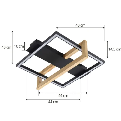 Lindby LED plafondlamp Holamu, 46cm, zwart, hout, metaal