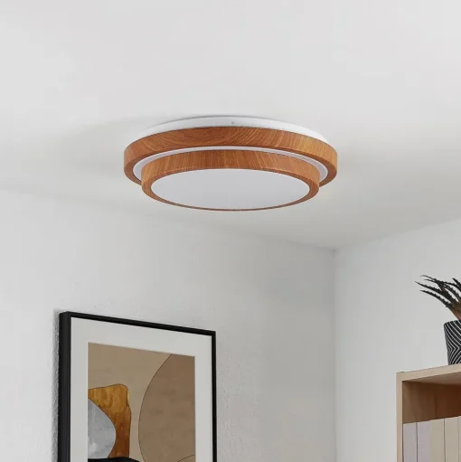 Lindby LED plafondlamp Vaako, Ø 41 cm, metaal, houtlook