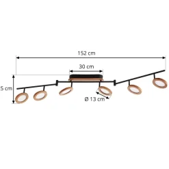 Lindby LED spot Manel, hout, 152 cm lang, 6-lamps