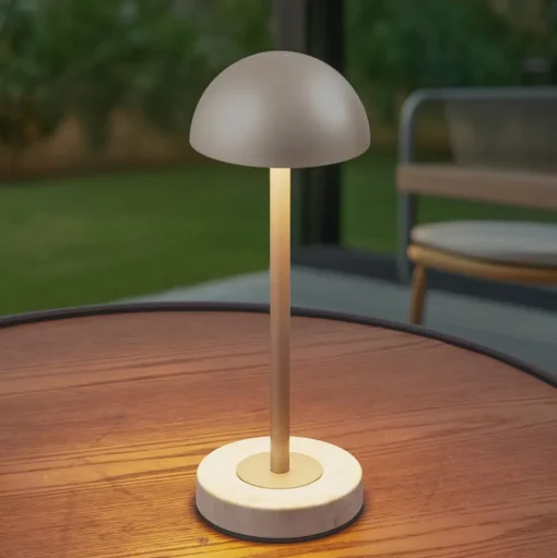 Lindby LED tafellamp op accu Pippin, goud/travertin, hoogte 27 cm