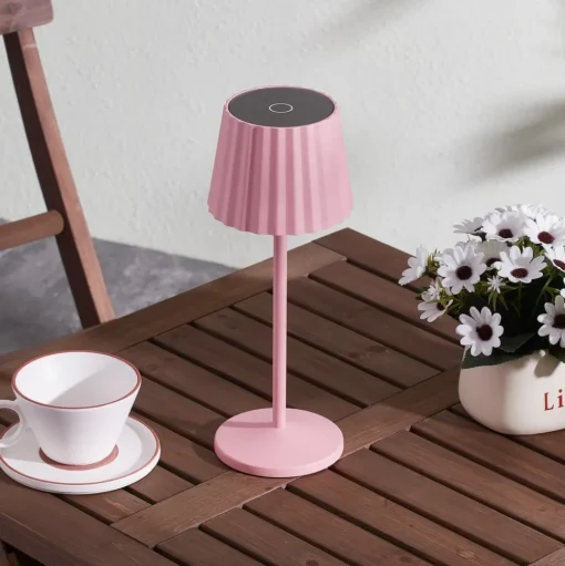 Lindby LED tafellamp op accu Esali, roze, metaal, IP54