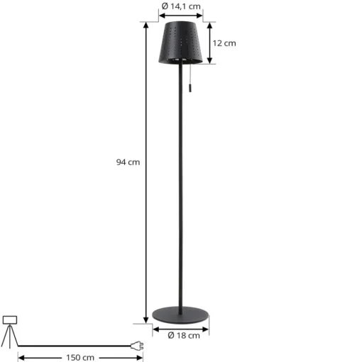Lindby LED vloerlamp Hilario, zwart, ijzer, oplaadbare batterij