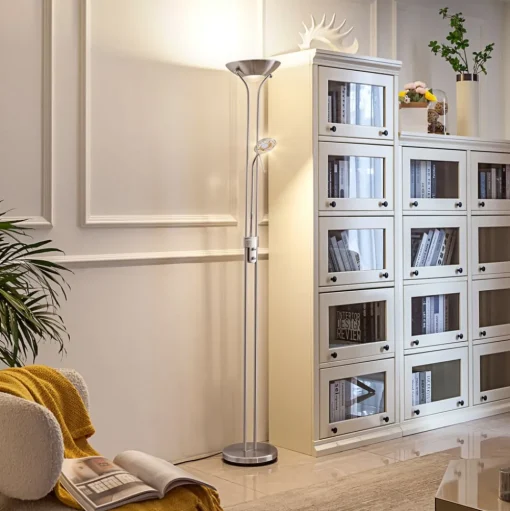 Lindby LED vloerlamp Josefin, nikkel, leeslampje, dimbaar