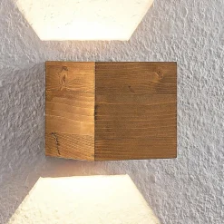 Lindby LED wandlamp Benicio, 11 cm, hoekig, hout