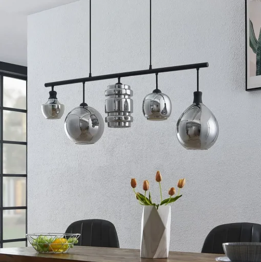 Lindby Mateno glazen hanglamp, 5-lamps, rookgrijs