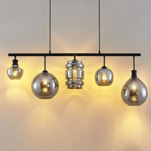 Lindby Mateno glazen hanglamp, 5-lamps, rookgrijs