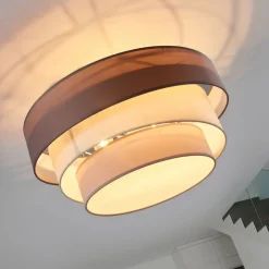 Lindby Melia plafondlamp, bruin/grijs, textiel, Ø 56cm