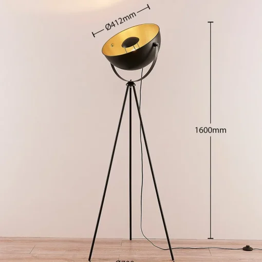 Lindby Meline vloerlamp, zwart/goud, metaal, driepoot