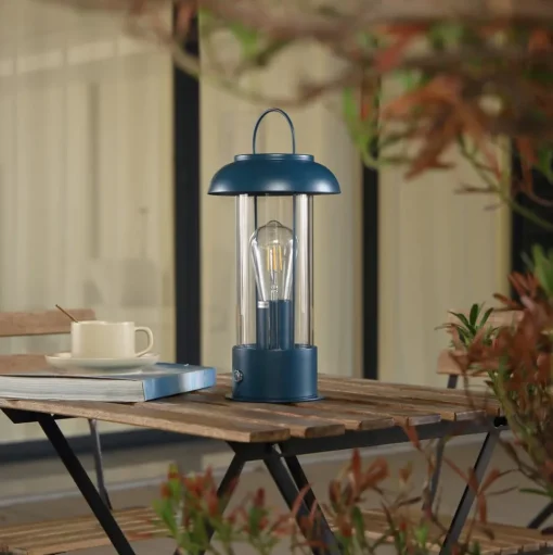 Lindby oplaadbare tafellamp Yvette, blauw, IP44, touchdimmer
