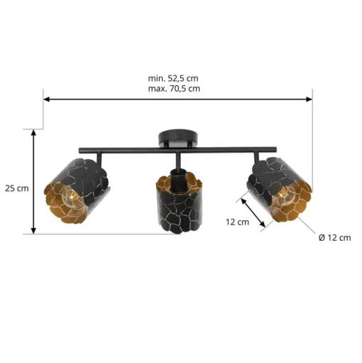 Lindby plafondlamp Aralena, zwart/goud, 3-lamps, lengte 70cm