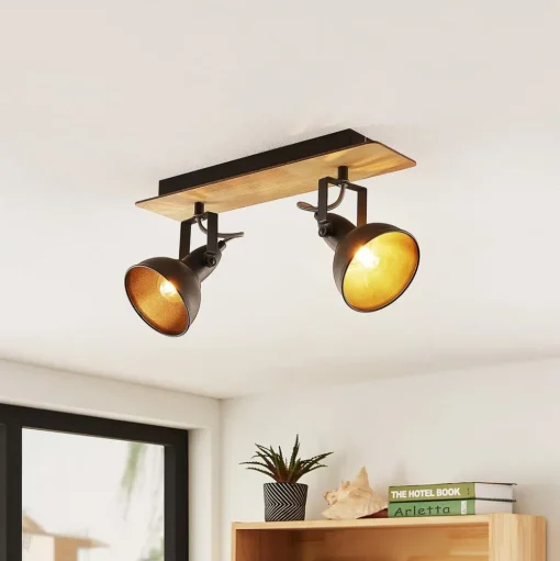 Lindby plafondlamp Aylis, 2-lamps, 40 cm, zwart, hout, E14