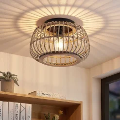 Lindby plafondlamp Bominio, Ø 40 cm, rotan, hout, E27