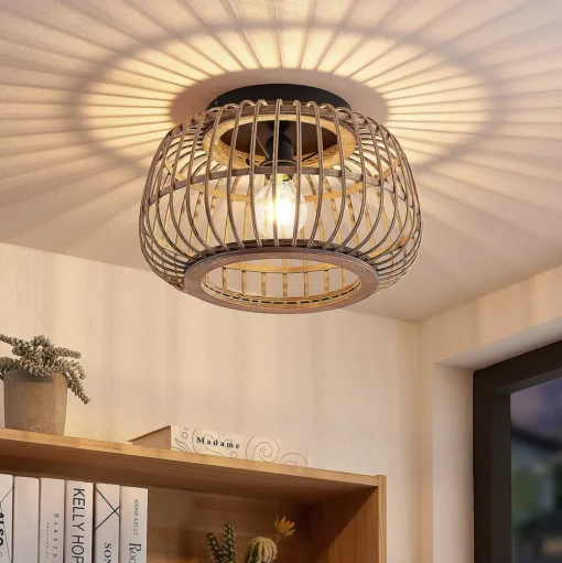 Lindby plafondlamp Bominio, Ø 40 cm, rotan, hout, E27