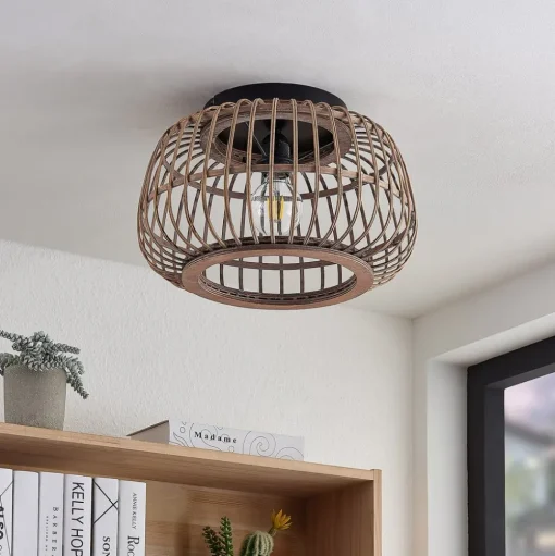 Lindby plafondlamp Bominio, Ø 40 cm, rotan, hout, E27