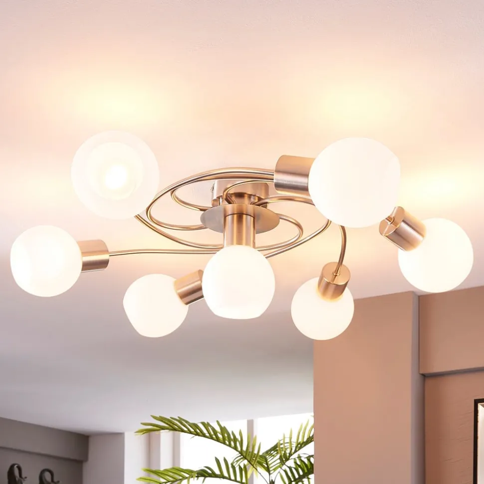 Lindby plafondlamp Ciala, 7-lamps, nikkelkleurig, glas