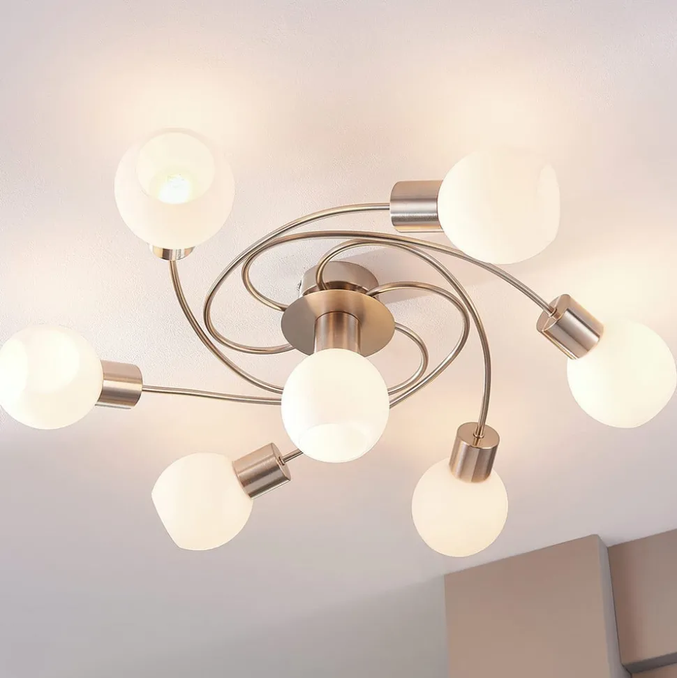 Lindby plafondlamp Ciala, 7-lamps, nikkelkleurig, glas