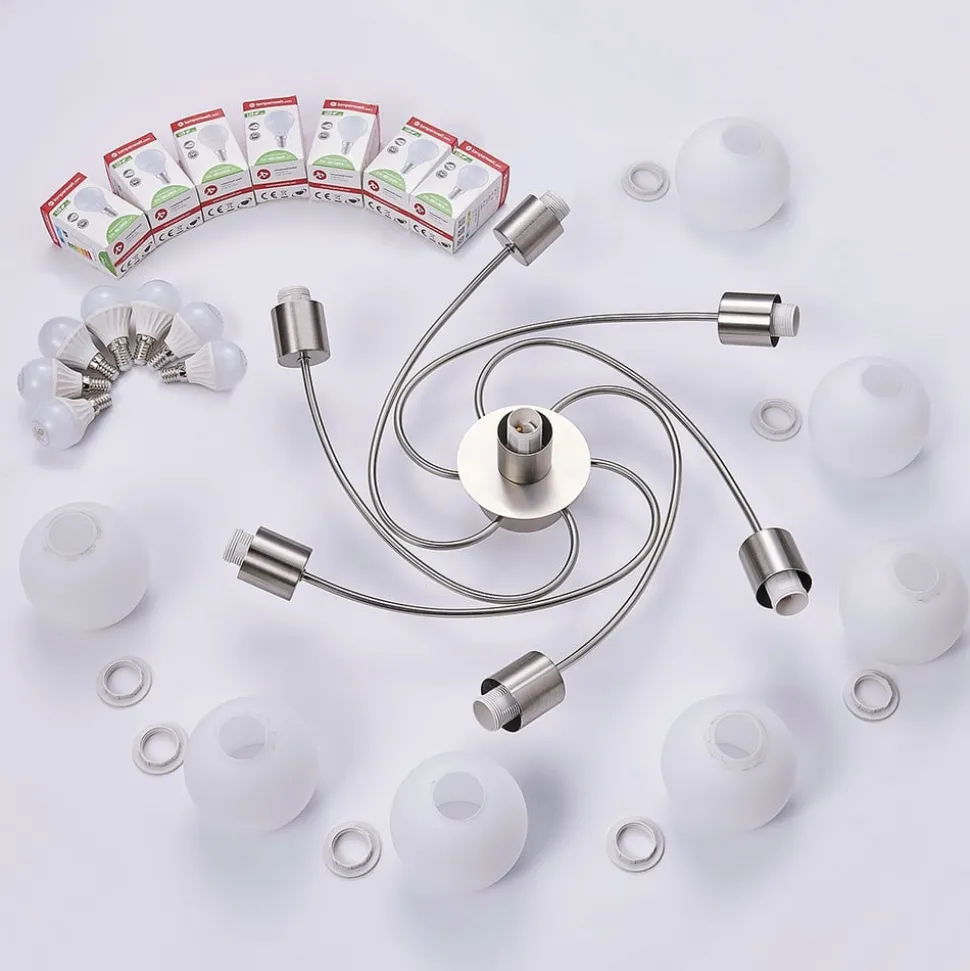 Lindby plafondlamp Ciala, 7-lamps, nikkelkleurig, glas