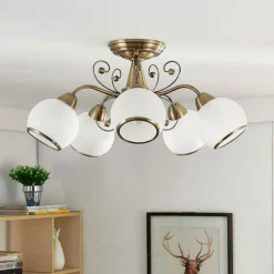 Lindby plafondlamp Corentin, 5-lamps, wit/messing, glas