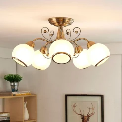 Lindby plafondlamp Corentin, 5-lamps, wit/messing, glas