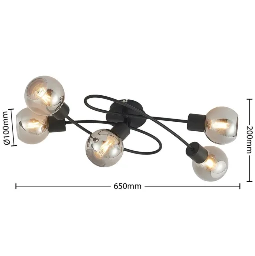 Lindby plafondlamp Elaina, 66 cm, 5-lamps, zwart/rook, E14