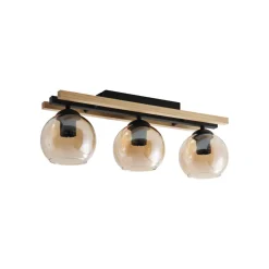 Lindby plafondlamp Enrique, amber, 3-lamps, glas, hout, E27