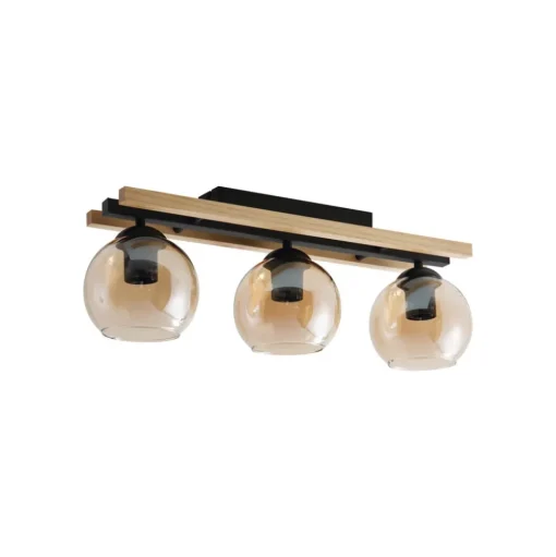 Lindby plafondlamp Enrique, amber, 3-lamps, glas, hout, E27