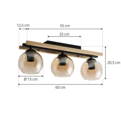 Lindby plafondlamp Enrique, amber, 3-lamps, glas, hout, E27
