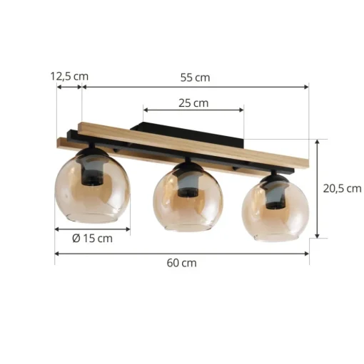 Lindby plafondlamp Enrique, amber, 3-lamps, glas, hout, E27