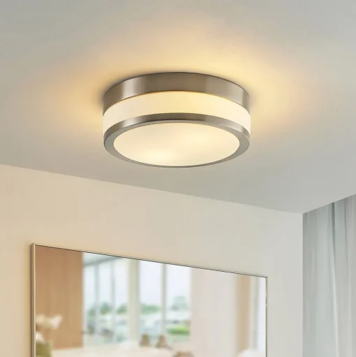 Lindby plafondlamp Flavi, Ø 28 cm, nikkel, glas, IP44, E27