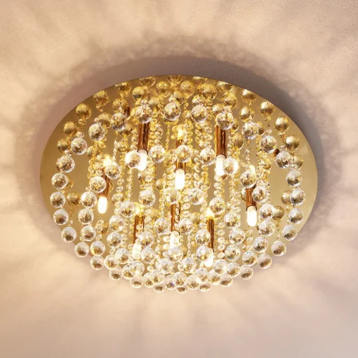 Lindby plafondlamp Gillion, 8-lamps, goud, kristal, Ø 55cm