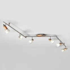 Lindby plafondlamp Marena, 6-lamps, glas, hout, 180 cm lang