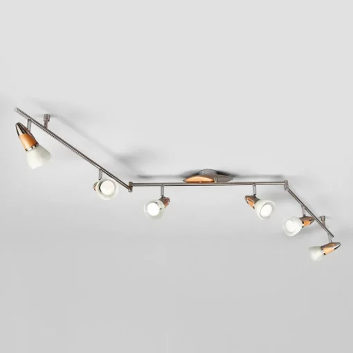 Lindby plafondlamp Marena, 6-lamps, glas, hout, 180 cm lang
