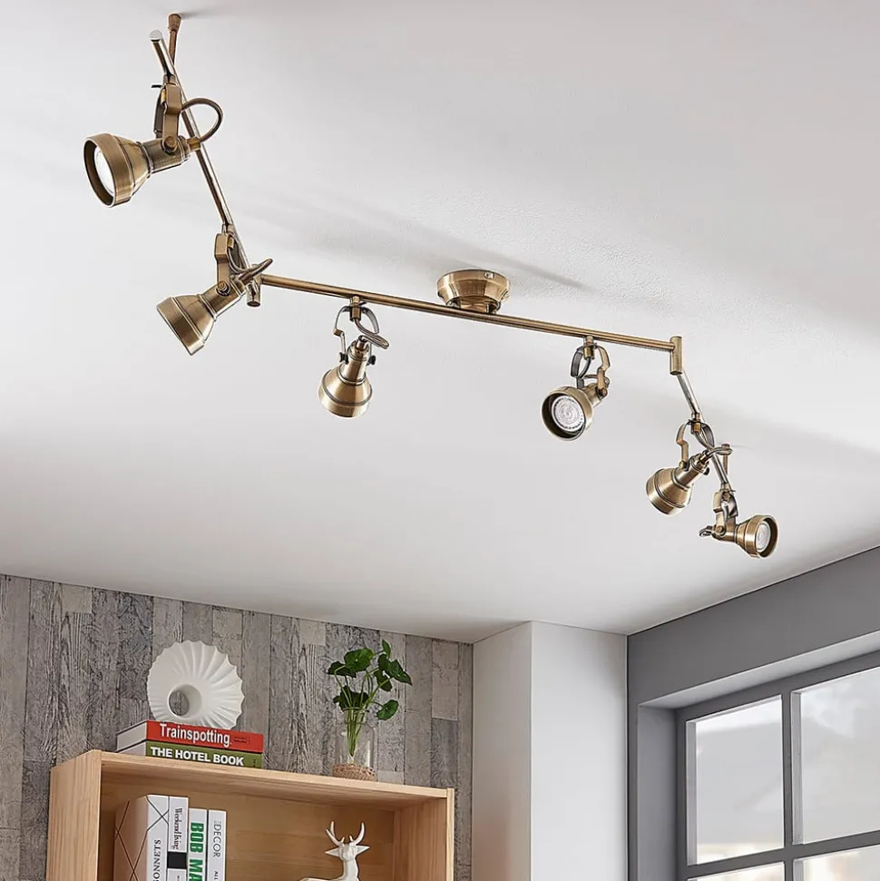 Lindby plafondlamp Perseas, 180 cm, 6-lamps, antiek messing, GU10