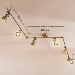 Lindby plafondlamp Perseas, 180 cm, 6-lamps, antiek messing, GU10