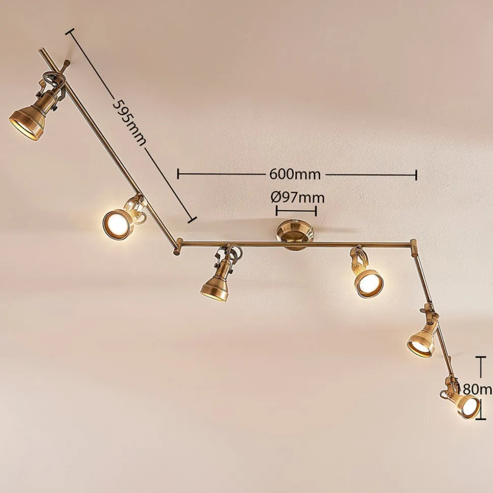 Lindby plafondlamp Perseas, 180 cm, 6-lamps, antiek messing, GU10
