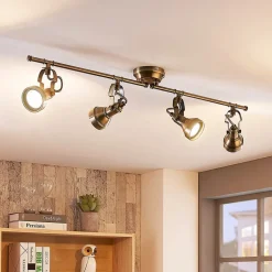 Lindby plafondlamp Perseas, 78 cm, 4-lamps, antiek messing, GU10