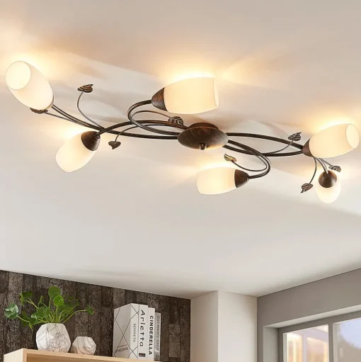 Lindby plafondlamp Stefania, 6-lamps, zwart/goud, 68cm