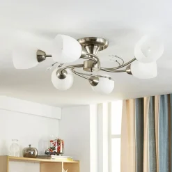 Lindby plafondlamp Tatas, Ø 64 cm, nikkel, 6-lamps, glas