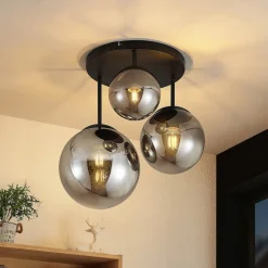 Lindby plafondlamp Teeja, rook, 3-lamps, Ø47cm, glas, E27