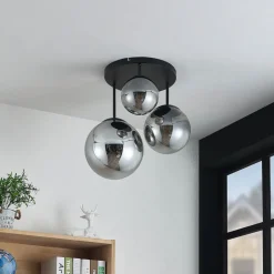 Lindby plafondlamp Teeja, rook, 3-lamps, Ø47cm, glas, E27