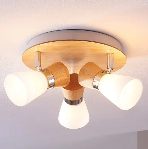 Lindby plafondlamp Vivica, Ø 26 cm, chroom, glas, hout