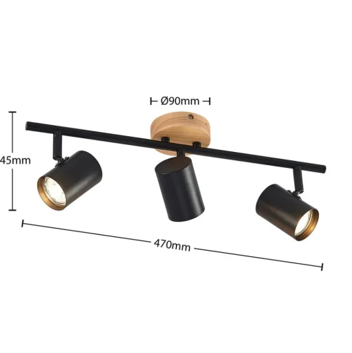 Lindby plafondlamp Xiomara, 3-lamps, 68 cm lang, hout
