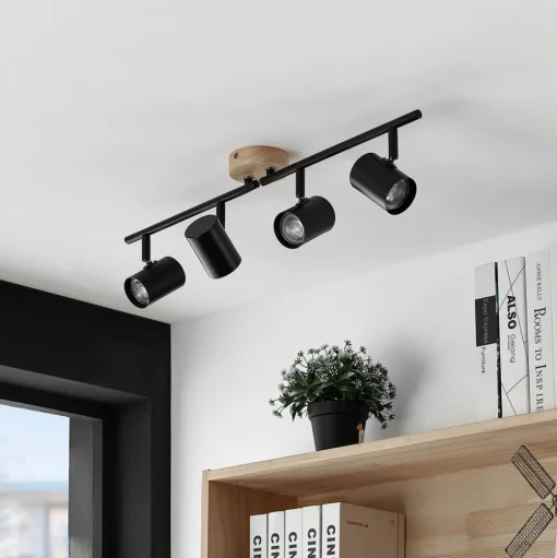 Lindby plafondlamp Xiomara, 4-lamps, 68 cm lang, hout