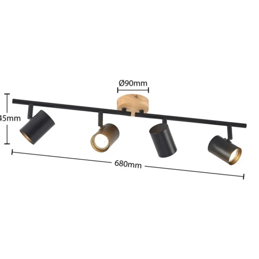 Lindby plafondlamp Xiomara, 4-lamps, 68 cm lang, hout