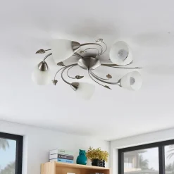 Lindby plafondlamp Yannie, 5-lamps, 60cm, nikkel/wit, glas