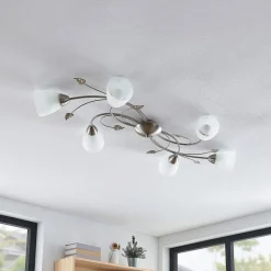 Lindby plafondlamp Yannie, 6-lamps, 106 cm, nikkel/wit, glas